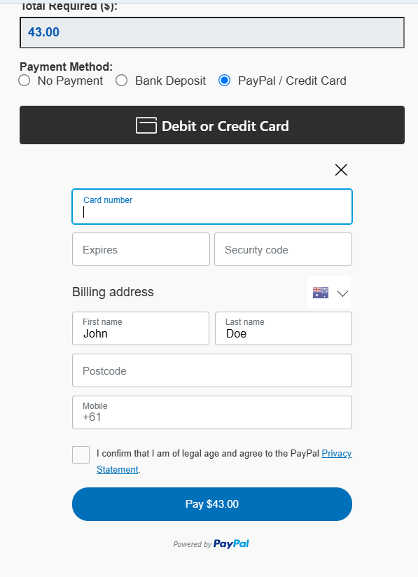 PayPal Credit Card Entry